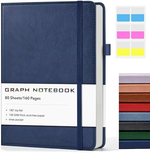 A5 Leather Hardcover Graph Paper Notebook, 160 Pages (5 Squares/Inch), 180° Lay-Flat Binding, 100 GSM Thick Paper, for Math, Engineering, Students & Technical Work (Navy)