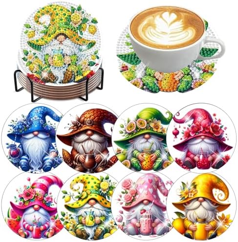 ijbnhd 8 Pack Diamond Art Coasters Kits Gnome (Cork Wooden Pad)