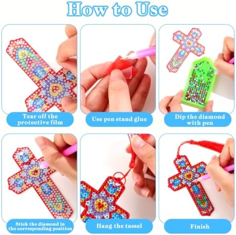 4 Pcs Cross 5d Diamond Art Bookmarks, DIY Acrylic Crystal Christian Bookmark with Tassel, Handmade Crafts Religious Book Mark Gift for Book Lovers Women Girls Teenagers Creative Decor