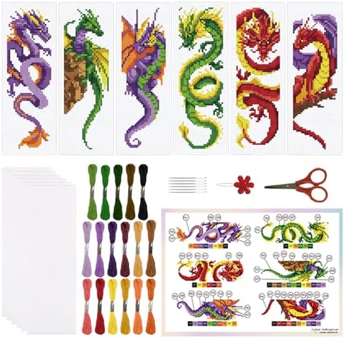 ORIGACH 6 Set Dragon and Loong Cross Stitch Bookmark Kit for Beginner