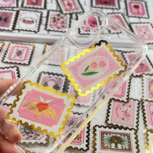 50 PCS Cartoon love stamps Stickers Aesthetic PET Stickers Gold Stamp Decal Waterproof Decorative Decals for Scrapbook DIY Crafts Album Bullet Journal Planner Water Bottles Laptop Phone (Gold stamp-B)
