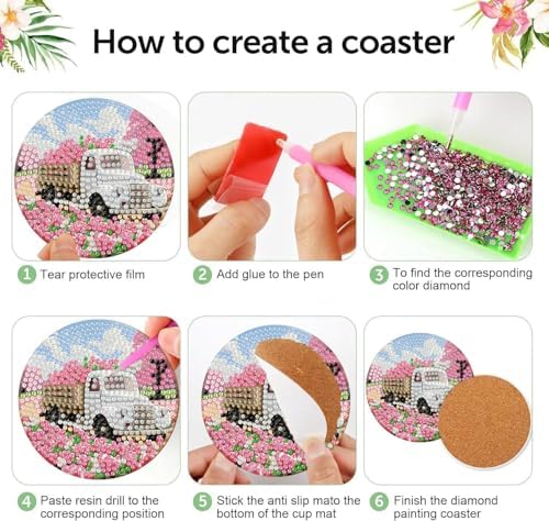 8 Pcs Diamond Art Coasters Kit for Adult with Holder, Diamond Coaster 4x4in