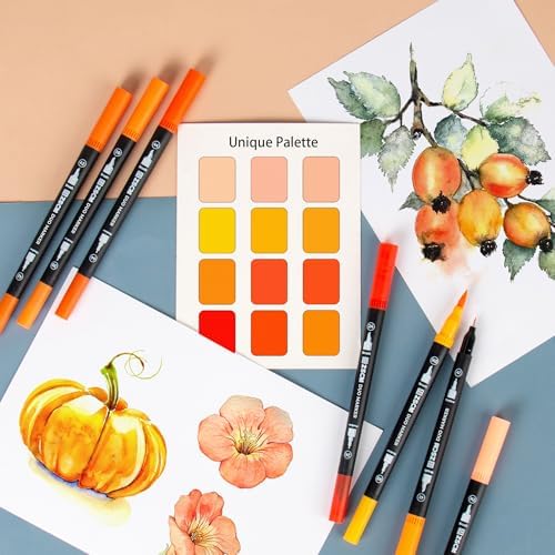 ZSCM QUALITY DECIDES THE FUTURE Orange Duo Tip Marker Pens, 12 Fine & Brush Tip Pen For Adult Coloring Books