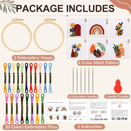 ZOIIWA 6PCS Boho Embroidery Kit for Beginners Adults Summer Cross Sewing Kits DIY Starter Hand Embroidery Kit with Needlepoint Patterns Hoop Threads Needles Instructions Craft Gift for Home Decor