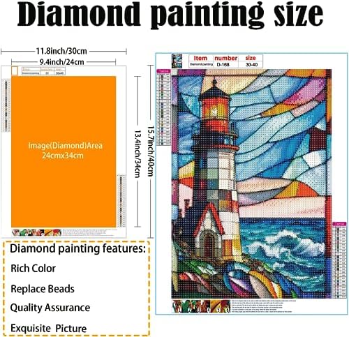 5D Stained Glass Lighthouse Diamond Painting,Adult Diamond Art kit, DIY Diamond Painting kit,Full Diamond Round Diamond dot Diamond Art kit,Craft Home wall Art decorating-12x16in