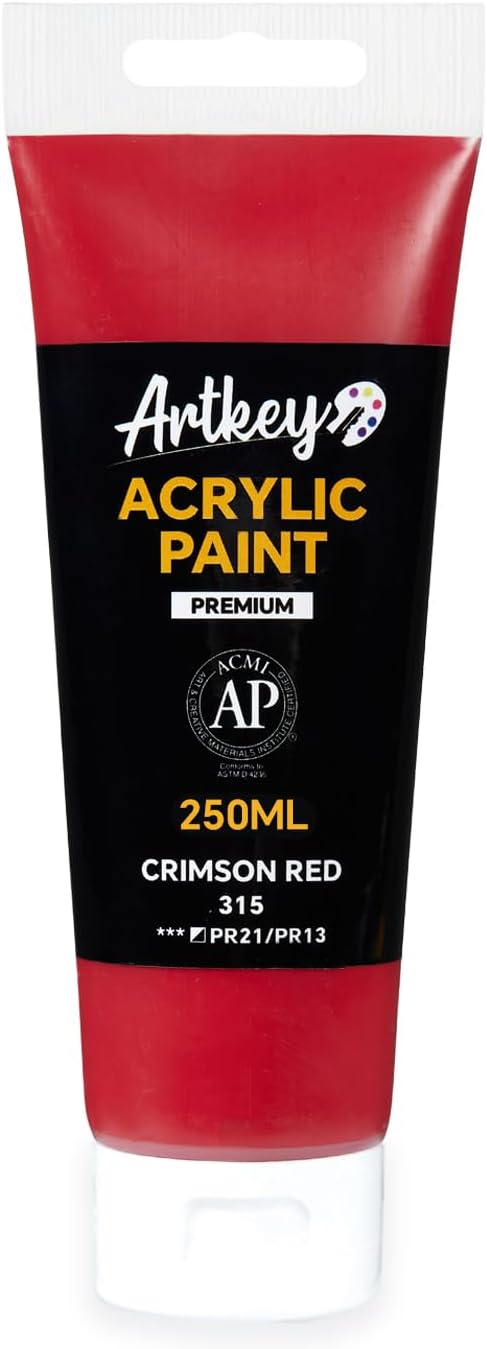 Artkey Acrylic Paint - Crimson Red (250 ml/8.45 oz) Tubes, Rich & Vibrant Pigments, Professional Artists Acrylic Paints - Art Supplies for Canvas Wood Rock Clay Fabric Ceramics Art Crafts Painting