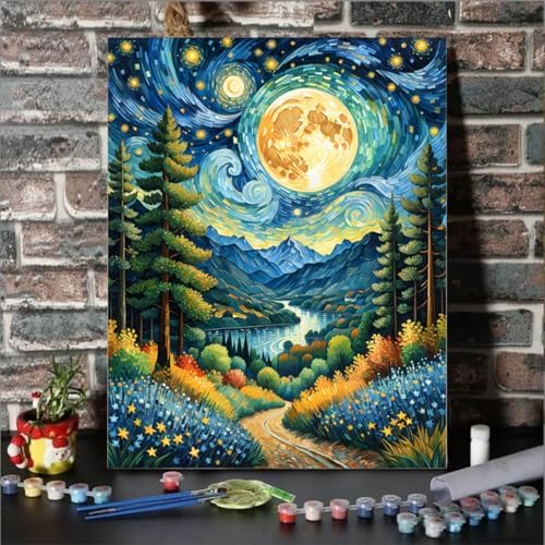 Lovepefe Moon Paint by Numbers Kit for Adults Beginner Landscape Adult Paint by Number Kits On Canvas with Frame DIY Oil Painting Kits for Gift Home Wall Decor 12x16 Inch
