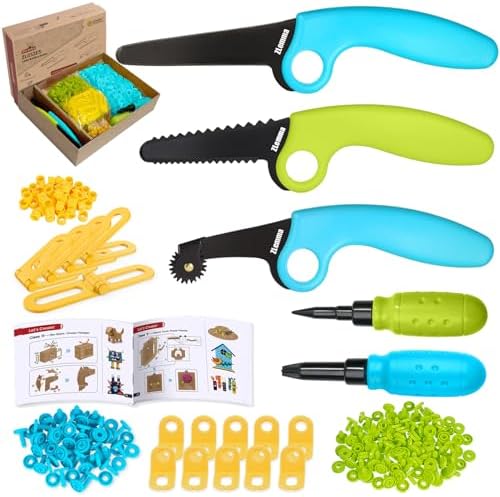 Cardboard Construction Kit - 401 PCS Kids Building Set with Safe Serrated Cutter, Crease Roller, Screws & Nuts, STEM Upcycled Tool for DIY Cardboard Projects, Engineering & Creativity