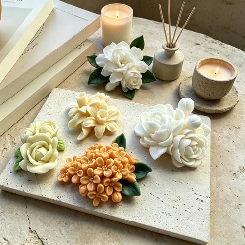 4 Pcs Flower Silicone Molds, Flower Candle Molds for Candle Making,3D Floral Silicone Resin Mold Rose Gardenia Fondant Mold for Chocolate Cake Decorating Soap Wax Resin Crafts