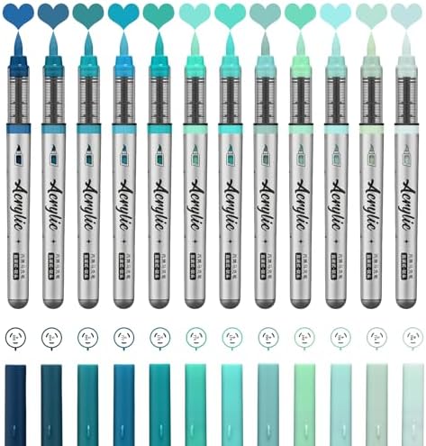 Mint Green Acrylic Paint Pens,12 Color Paint Pen Markers,Brush Tip Paint Pens for Rock Painting Wood Glass Ceramic Canvas Stone DIY Crafts Making Art Supplies