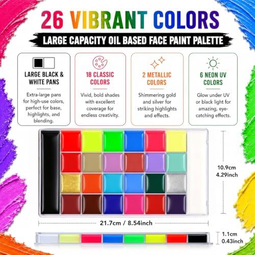 Face Painting Kit, 26 Colors Oil Based Face & Body Paint Palette with Translucent Setting Powder & 10 Brushes, Large Black & White Pans for Halloween SFX Cosplay Costume Makeup