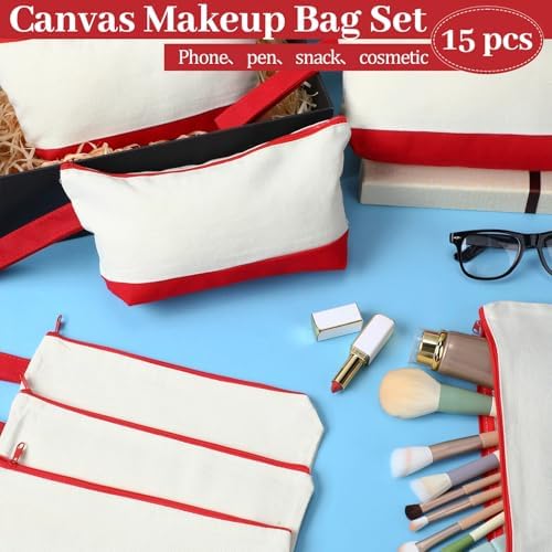Silkfly 15 Pcs Cotton Canvas Makeup Bags Cosmetic Zipper Bags 10.2 x 5.5 x 2'' Blank DIY Pouch Bulk Pencil Case with Bottom Travel Toiletry Pouch for Women Craft Decor Gift (Beige and Red)