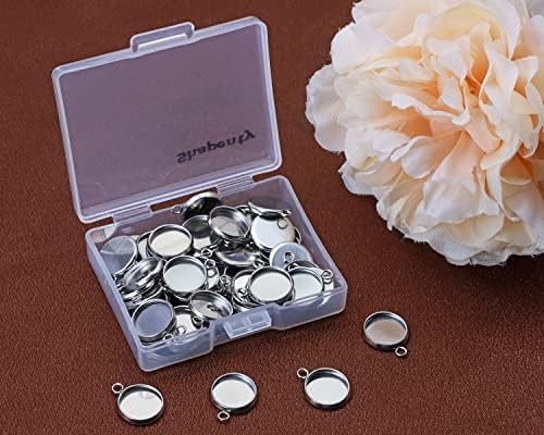 Shapenty Stainless Steel Round Bezel Blanks Pendant Trays for Earrings Bracelet Necklace Keychain DIY Craft Resin Glass Cabochon Jewelry Making Projects Christmas Gift Hanging Charms, 50PCS (10mm)