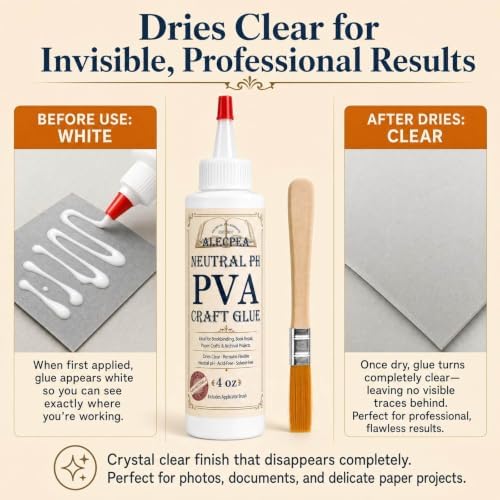ALECPEA PVA Glue 4 oz for Crafts and Paper Projects | Water-based white glue dries clear and includes a brush for paper, cardboard, fabric, foam, felt, and light wood
