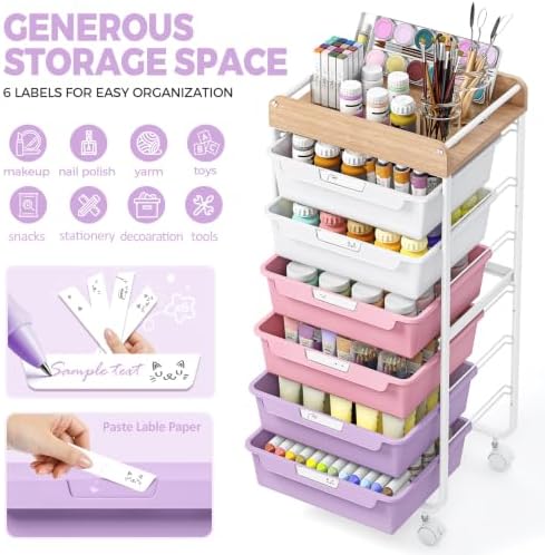 SYKIARIOL Rolling Cart with 6 Drawers,Craft Organizer and Storage,Purple