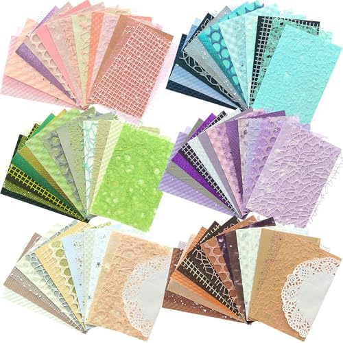 102 Unique Textured Scrapbook Papers and Mesh Fabric Sheets(17 Designs × 6 Colors), Handmade Craft paper for Scrapbooking, Junk Journal, Card Making Supplies, Planner, Collage (5.9" x 3.9")