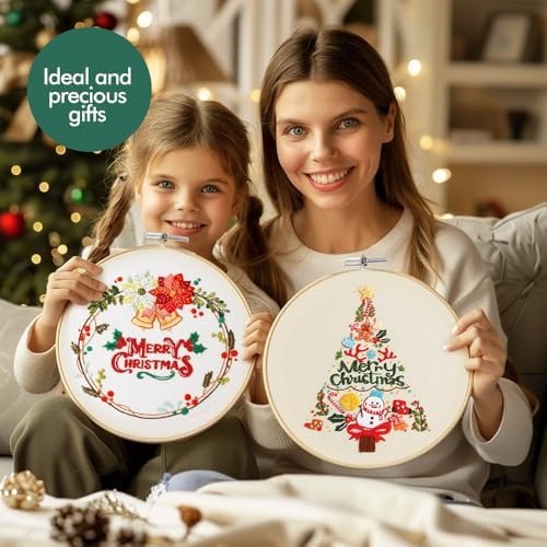 wtisan Christmas Embroidery Kit, Cross Stitch Kits for Beginners, Needlepoint with All Tools & Instructions, Stamped Hand Embroidery Starter Kit for Holiday Crafts & Xmas Home Decor, W12
