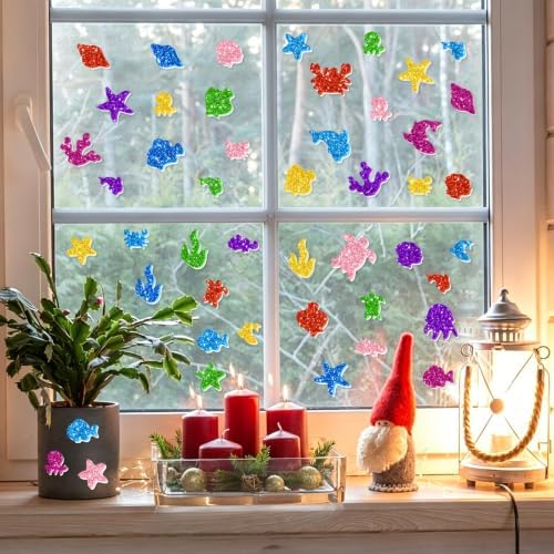 744 PCS Glitter Foam Stickers, Foam Sea Animal Stickers for Crafts,8 Colors
