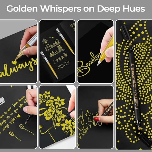 8 Pack Gold Acrylic Ink Pens for Drawing, Fine Point Gold Gel Pens, Brush Tip Markers，Dual-Tip Opaque Acrylic Markers for Black Paper Highlighting Drawing, Sketching, Illustration, Card Making