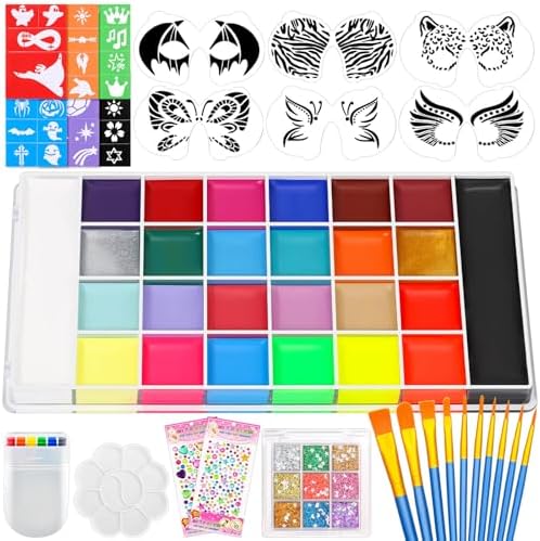 Professional Face Painting Kit, 26 Colors Oil Palette Face Paint with 6 Stencils, 41 Stencil Stickers, 10 Brushes, 9 Body Glitter, 2 Sheets Adhesive Gems, Rainbow Facepaint for Party & Halloween