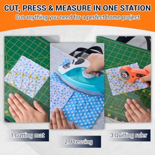 Nuanchu Fold Away Cutting & Pressing Station, 19 x 13 in Large Portable Quilting Sewing Mat Set with Felt Pressing Pad, Self-Healing Cutting Mat, 6.5 x 12 in Ruler, 45mm Rotary Cutter & 5 Blades