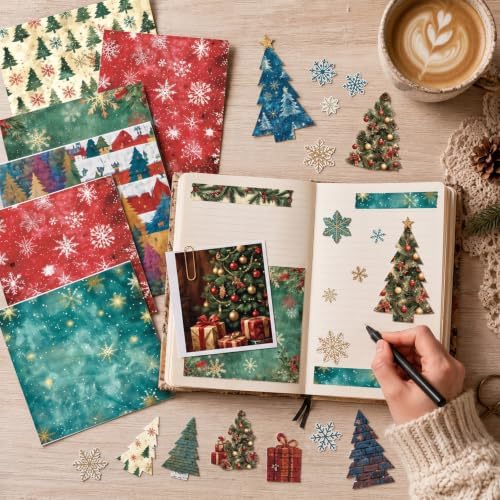 6inch Christmas Scrapbooking Paper Pad, 24 Sheets Snowflakes Aesthetic Patterned Decorative for DIY Art Crafts Collage XmasTrees Journals Decoupage Folded Supplies Gift Cards Photo Album