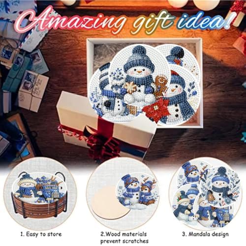 8 Pack Diamond Art Coasters,Christmas Snowman Diamond Painting Coasters
