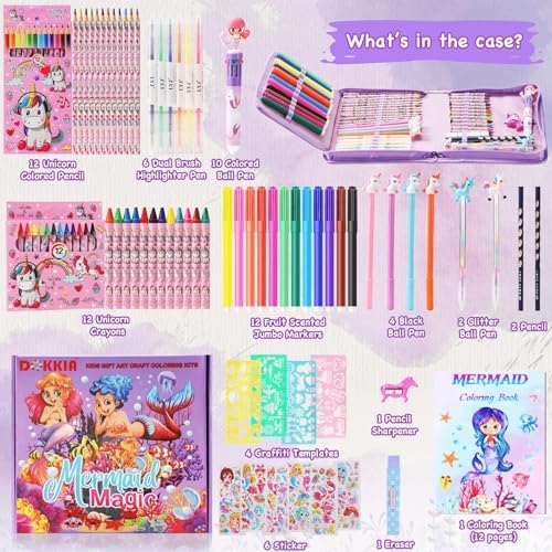 DOKKIA Fruit Scented Coloring Pens Markers Set 65 PCS Art Craft Drawing Case - Washable Kits Pencil,Gel Pen,Crayon&Coloring Book Supplies Mermaid Tail Purple
