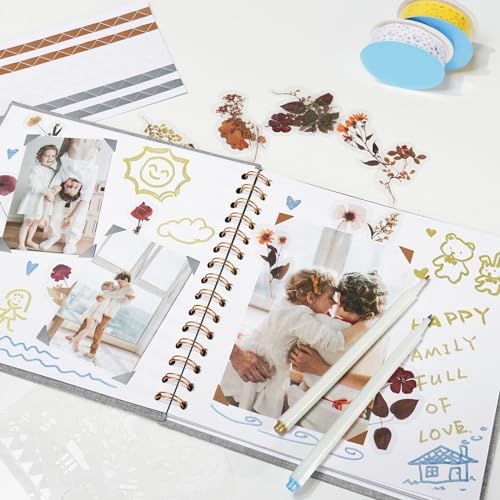 Vienrose 12x12 Inch Scrapbook Album DIY Large Hardcover Kraft White Pages Scrapbook Photo Album Linen Cover Scrap Book Photo Albums Scrapbooking Supplies Kit for Couple Family Wedding Travel