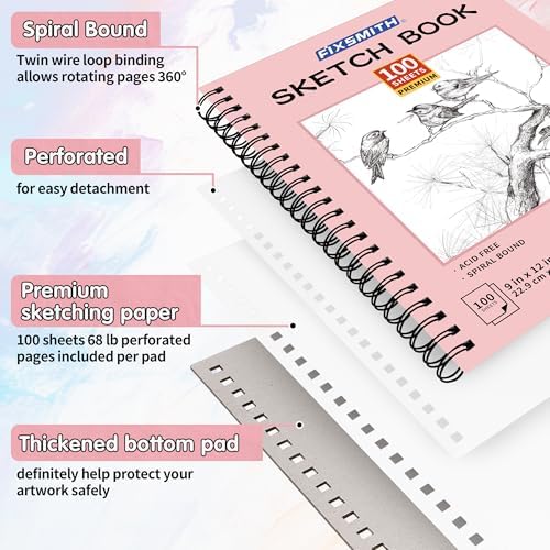 FIXSMITH 9"X12" Sketch Book, 100 Sheets, 68 lb/100gsm Sketchbook, Pink