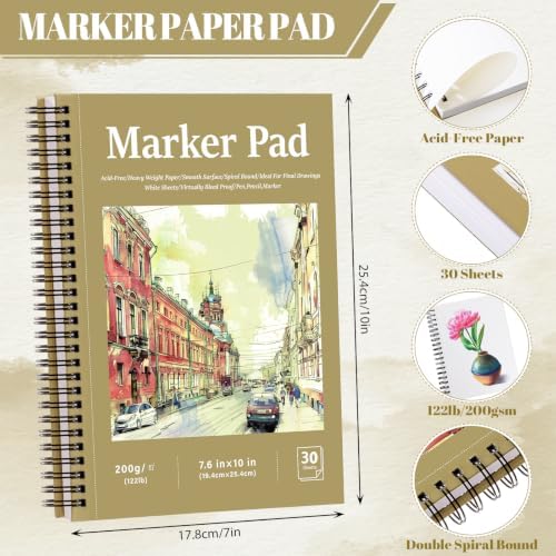 200gsm Hardcover Marker Paper Pad, 30 Sheets, 7.6×10In, Spiral Binding