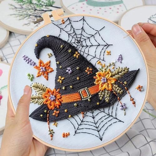 Floral Witch Hat Embroidery Kit Halloween Cross Stitch Material Set with Bat Skull Flower Pumpkin Patterns, DIY Hand Needlepoint Embroidery Craft Kit for Beginners Professional (Floral Witch Hat)