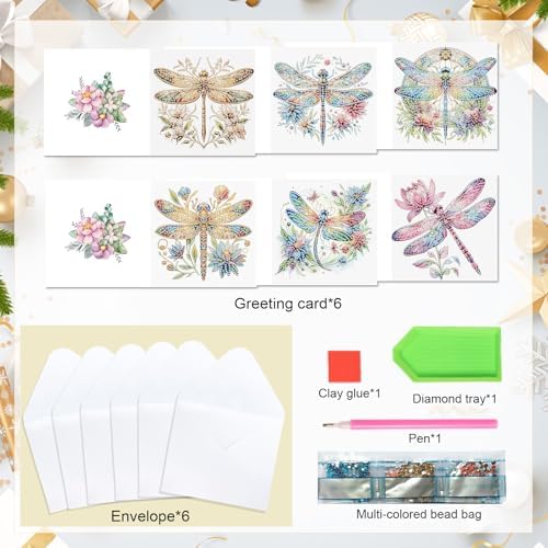 Tontut 6pcs 5D DIY Diamond Painting Kit Greeting Card,Diamond Handmade Greeting Card with Envelope, Holiday Gift Congratulations Colourful Dragonfly