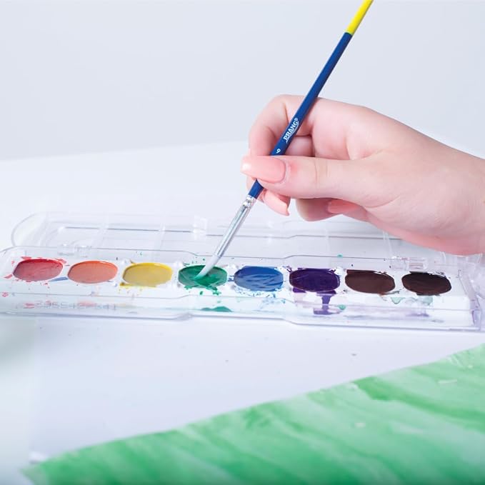 Prang Washable Semi-Moist Watercolors Oval Pan Set with Size 6 Paintbrush, Non-Refillable, 8 Assorted Colors, Pack of 6