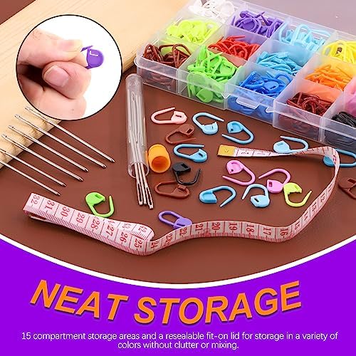 Swpeet 316Pcs Colorful Stitch Locking Clip Knitting Markers Crochet Clips with 15 Pieces Big Eyes Blunt Sewing Needles and Soft Ruler Assortment Kit, Perfect for Knit DIY Projects Accessories