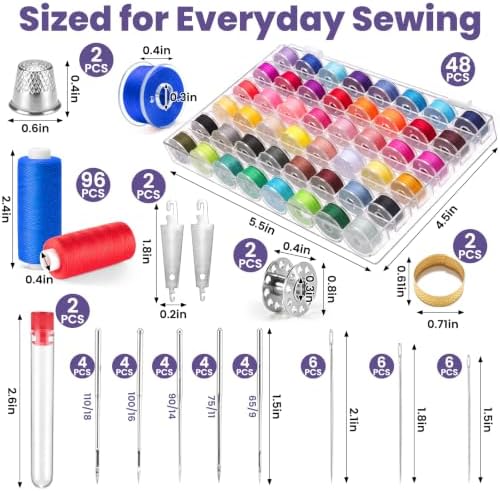Actmuen 192PCS Sewing Thread Kit, 48 Colors, 96 Thread Spools, 48 Bobbins & Accessories,Polyester Set for Hand & Machine Sewing,Quilting, Repairs and DIY Crafts
