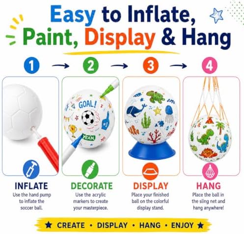 24 Set Paint Your Own Soccer Ball Kit, Blank White Inflatable Soccer Balls with Acrylic Markers, Pumps, Display Stands and Hanging Nets, DIY Soccer Ball Craft Set for Team Events and Party Activities
