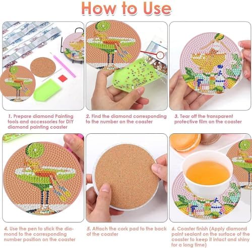 ijbnhd 8 Pcs Cocktail Diamond Art Coasters Kits, 4x4 inch (Cork Wooden Pad)