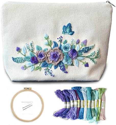 FONNUY Embroidery Kit Makeup Bag for Beginners, Flowers Pre-Stamped Pattern Handbag Coin Purses Making Kits for Adults with Hoop, Easy to Follow Color Thread Needlework (Blue)