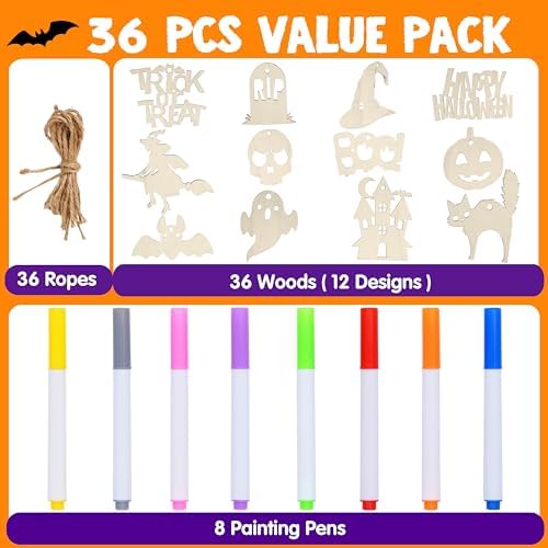 JOYIN 100 Pcs Halloween Craft Wooden Painting Kit, Halloween Party Supplies, Party Favors for Kids, Wood Blank Cutouts Ornaments, Gift Tags Decor for School Art DIY Activities Goodies Games