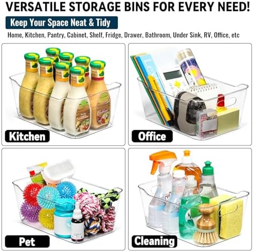 12 PACK Multi-Use Clear Plastic Storage Bins for Organizing w/Labels - Home, Kitchen, Pantry, Bathroom, Office, Cabinet Shelf Organizer Bins - SOHO Collection, RV, Fridge Organization Containers - L