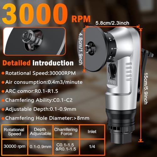 Pneumatic Chamfer Tool, 45 degree tile chamfering tool with 8 C-Angle & 6 R-Angle Blades & 6 durable bearings, Upgrade, Mini Air Chamfer Tool with 1/4 Inch Air Inlet for Metal and Wood-Silver