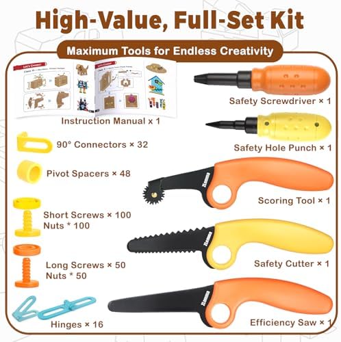 Cardboard Construction Kit - 401 PCS Kids Building Set with Safe Serrated Cutter, Crease Roller, Screws & Nuts, STEM Upcycled Tool for DIY Cardboard Projects, Engineering & Creativity