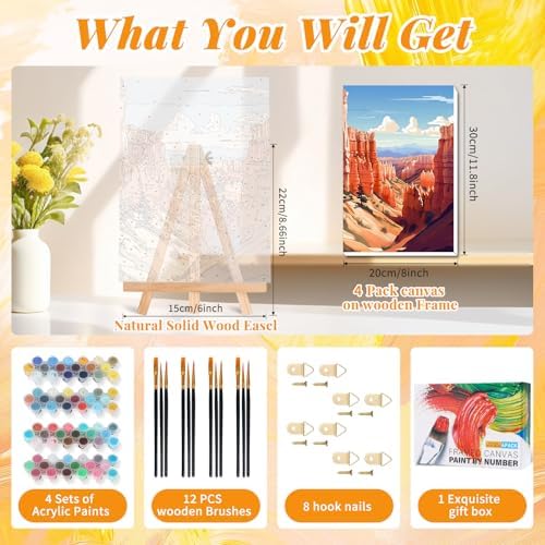 4 Pack Paint by Numbers Kit for Adults with Frame, National Parks Landscape DIY Painting Kit for Beginners, Mountain & Canyon Scenic Canvas Paint by Number Set for Nature Wall Decor, 8x12 Inch