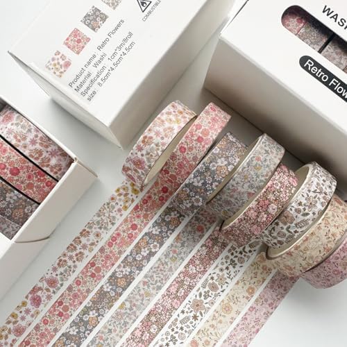 Vintage Washi Tape Set 8 Rolls Thin Retro Decorative Antique Patterns Masking Tapes for Arts, DIY Crafts, Journals, Planners, Scrapbook, Wrapping (Little Flowers)