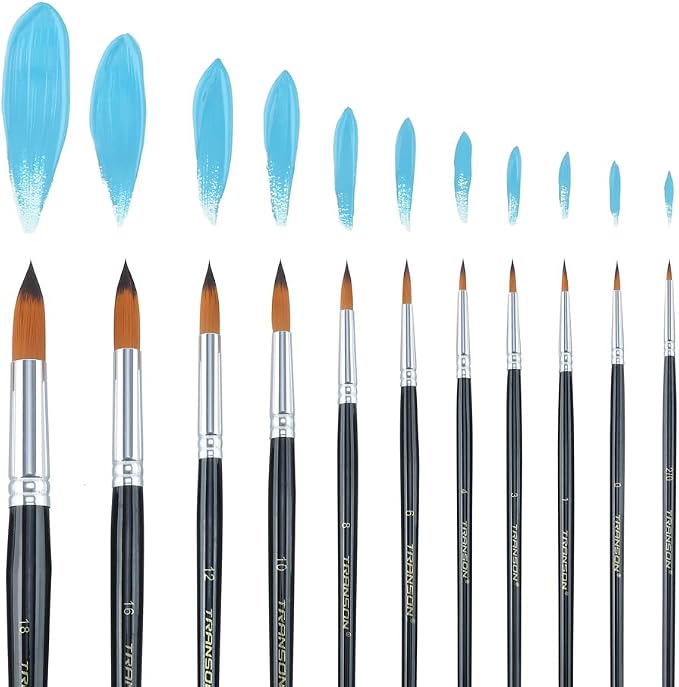 Transon 11pcs Round Paint Brush Basic Set for Watercolor, Acrylic, Gouache, Ink, and Tempera Painting