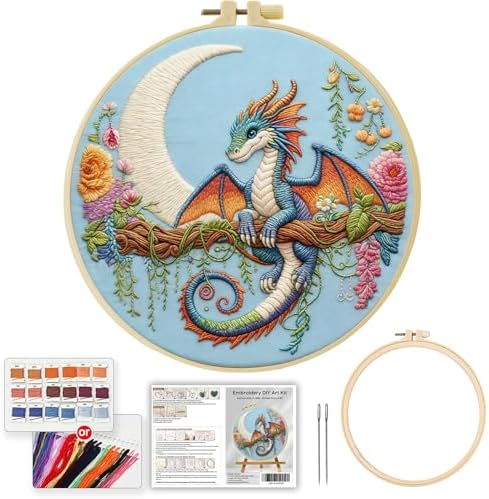 Black dragon handmade DIY embroidery kit,suitable for adult beginners,includes embroidery cloth, instructions, embroidery frame and needle and thread, suitable for holiday gifts (Blue Dragonfly)