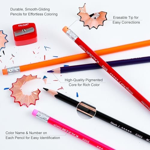 KALOUR 50 Colors Erasable Colored Pencils Set - Easy to Erase, Vibrant and Smooth Coloring Pencils with Erasers - Ideal for Drawing, Sketching, and Coloring Books -Perfect for Adults Beginners Artists