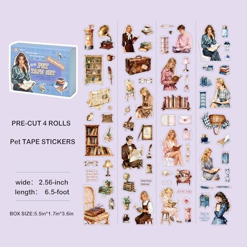 4 Rolls PET Tapes Pre-Cut Tape Stickers for Scrapbooking Reading People Stickers Tape journaling washi Tape Sticker Sticker Rolls for Scrapbooking
