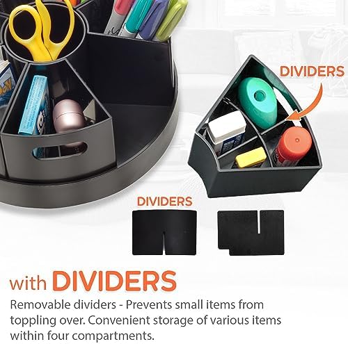 Black Rotating Desk Organizer with Dividers Lazy Susan Caddies for Home School Office Supplies, Pens, Markers and Art Supplies for Classroom